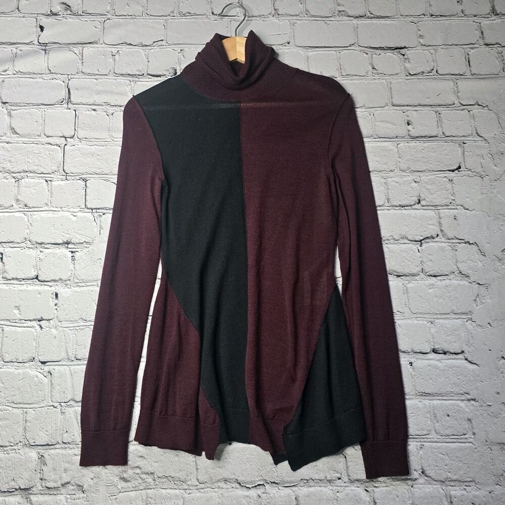 Stella McCartney Virgin Wool Silk Blend Knit Burgundy Black Turtleneck Top EU 40